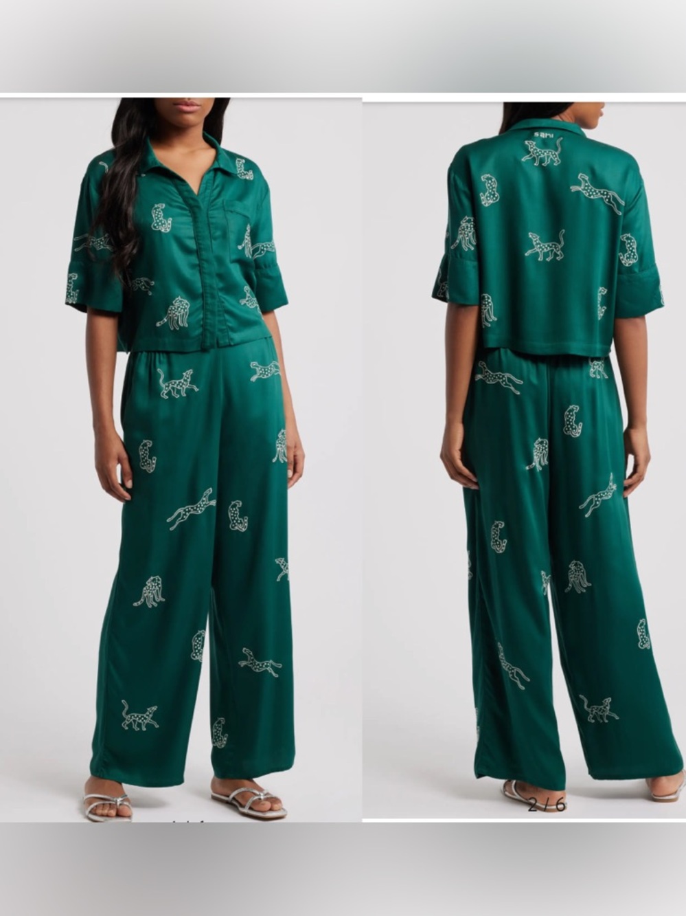 SANI Garden Party embroidered leopard loungewear TOP in emerald green | size XL